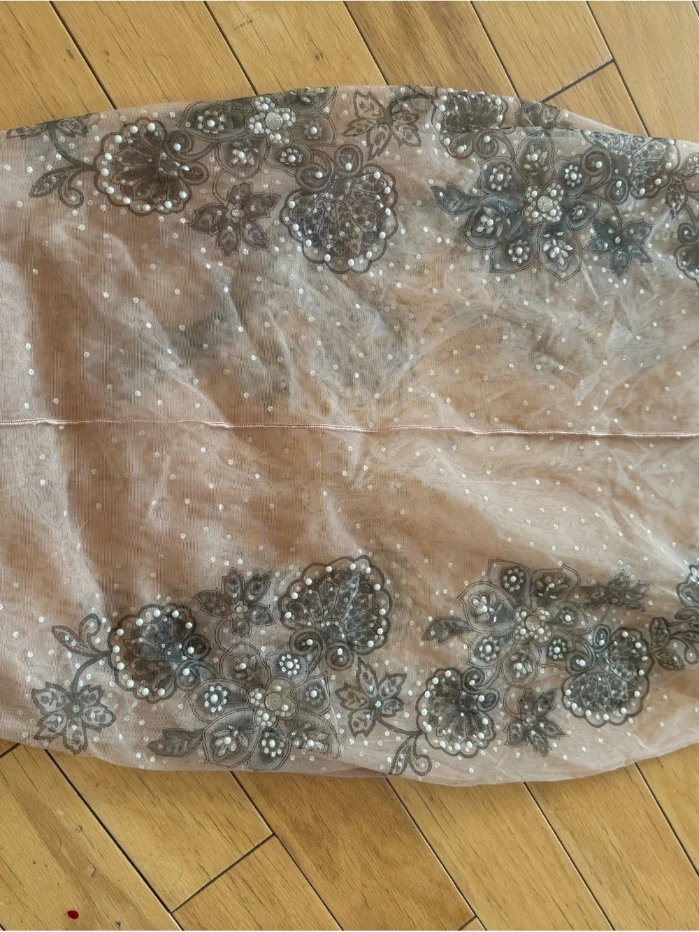 La Perla Beige Lace Mini Skirt with Gray Floral Beading